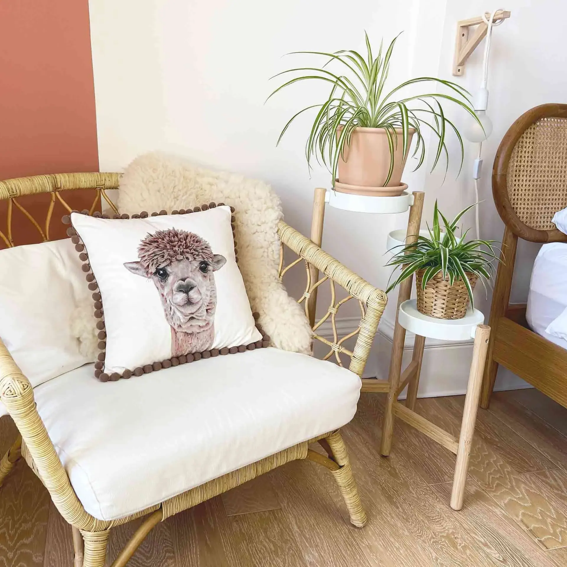 Alpaca cushion on a rattan armchair beside a sheepskin and potted plants