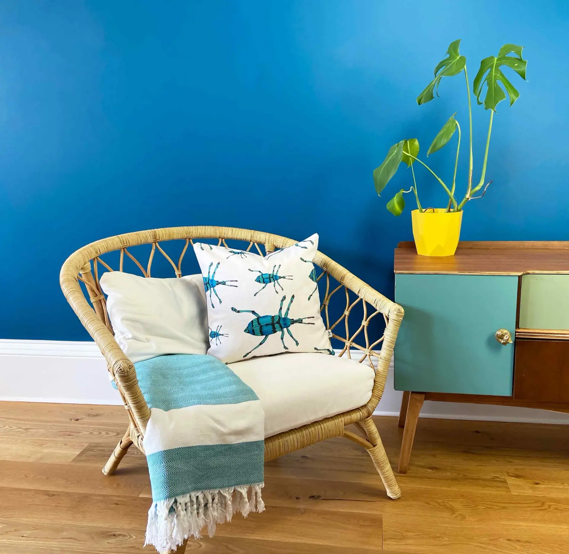 Beetle cushion on a rattan loveseat with a striped throw, against a blue wall beside a teal cabinet