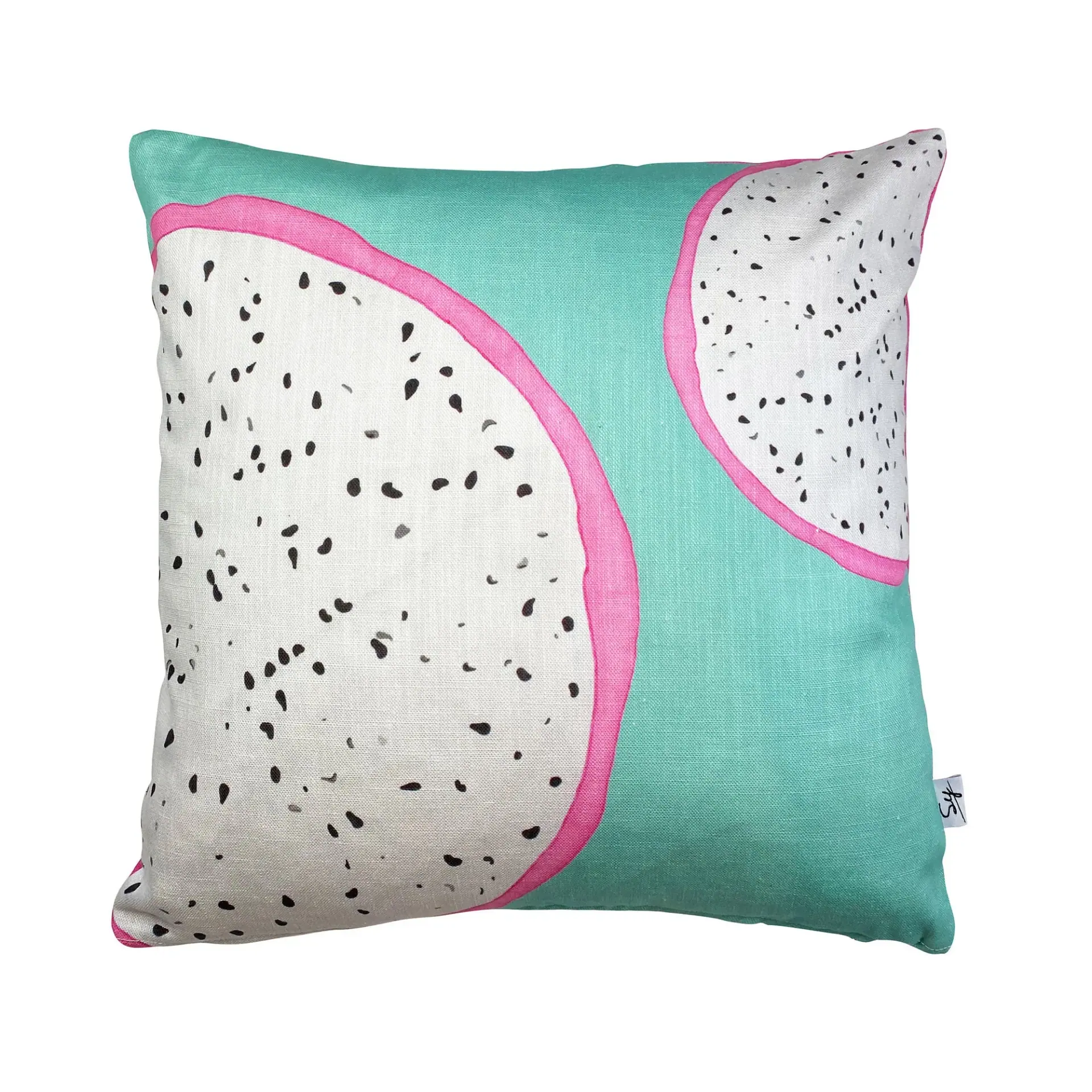 Dragon Fruit cushion: two halves of a dragon fruit, white flesh with black seeds and a pink rind, on a turquoise background