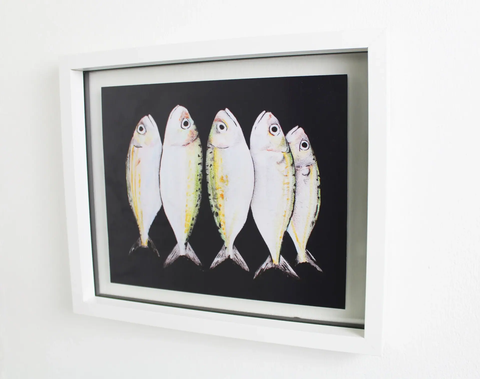 Sardines art print: five silver sardines side by side on deep navy, in a white frame