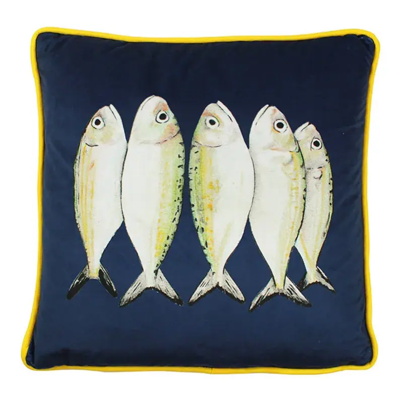 Sardines velvet cushion: five silver sardines side by side on navy velvet with yellow piping