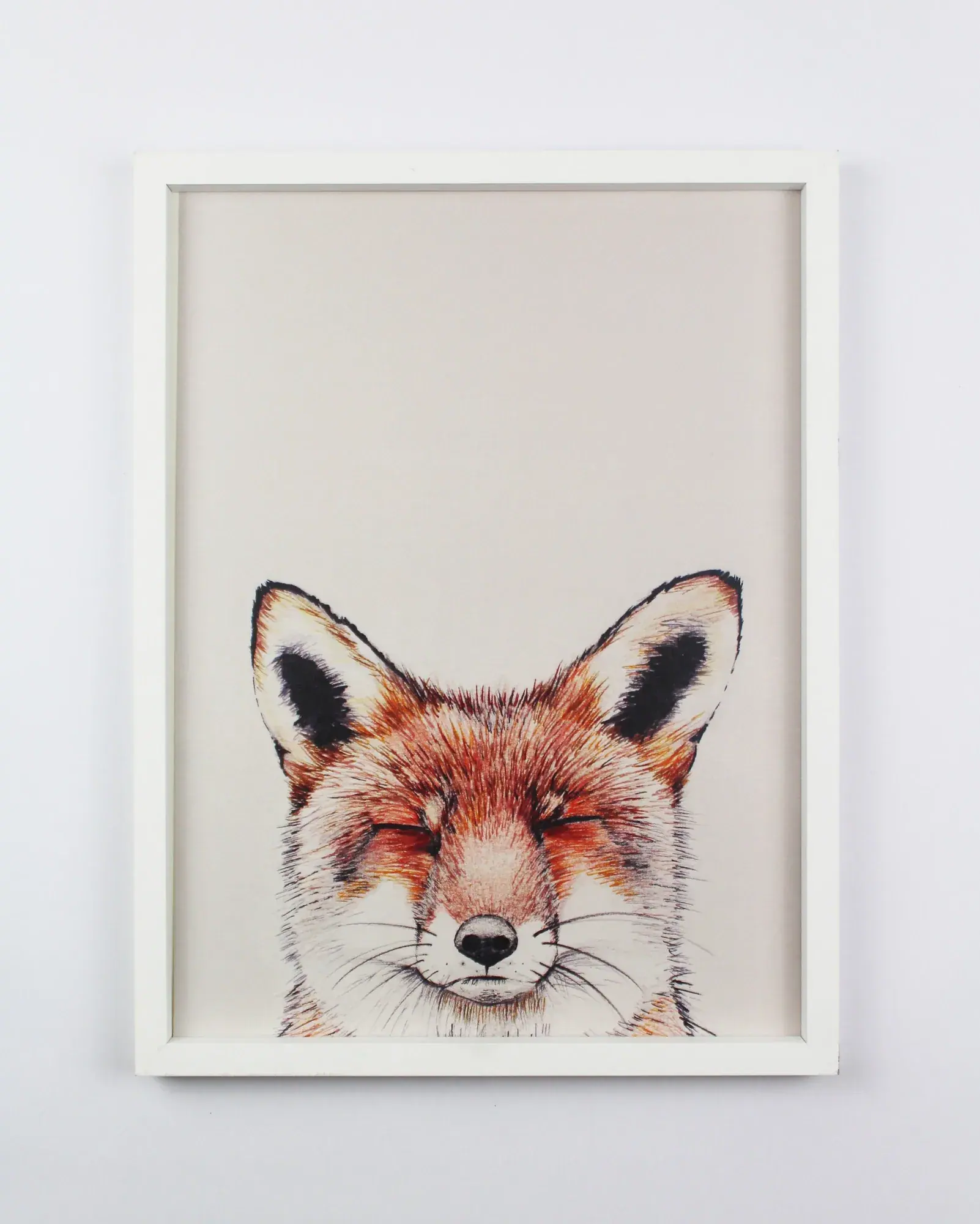 Urban Fox art print: a hand-drawn red fox face with its eyes closed, on a pale blush background, in a white frame